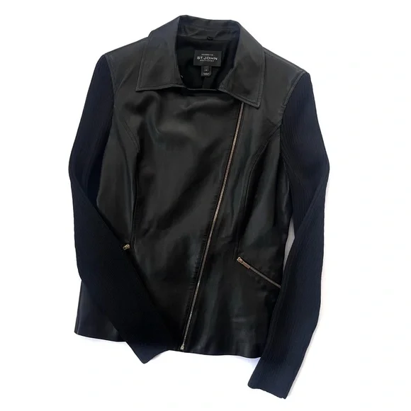 Women’s St. John Black Napa Leather Moto Jacket - Picture 1 of 11